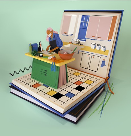 A miniature chef in their kitchen sits inside of a stack of cookbooks