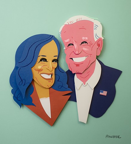 A cut paper portrait of President Joe Biden and Vice President Kamala Harris