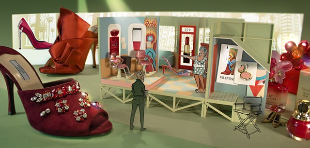 A miniature Hollywood beauty shop set surrounded by high end shoes and makeup gifts