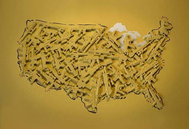 A map of the United States made entirely from miniature toy guns