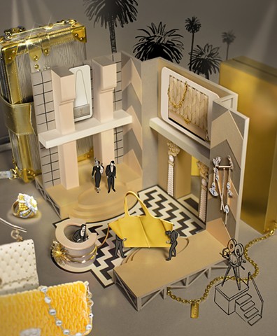 A miniature Hollywood hotel film set surrounded by high end fashion accessories and gifts 