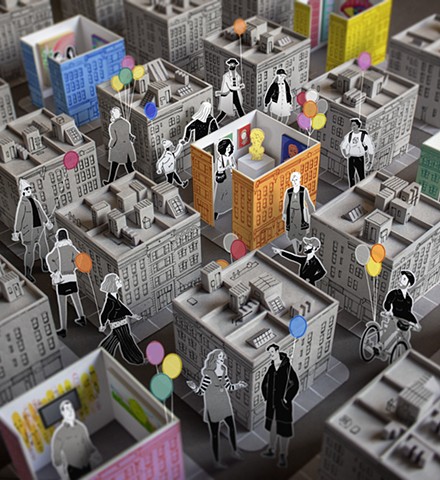 Miniature city blocks are repeated into the distance, with crowds of people going in and out of art galleries