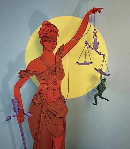 A statue of blind justice has its scales tipped by a tiny man swinging from them.