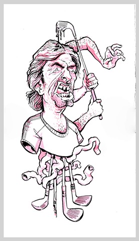ink drawing brush golf man rage play theater zombie fantasy gore original art illustration