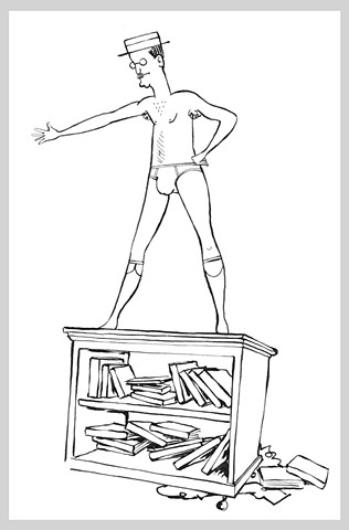 ink drawing brush library james joyce naked underwear books cart strip striptease original art illustration