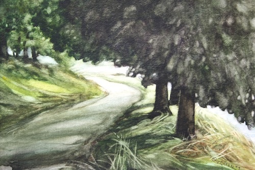 Art Card of a Watercolour by Vyvyan Green of trees and the road beside Ladybower Dam.