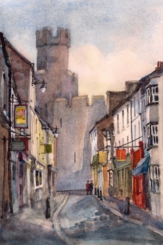 Art Card of a Watercolour by Vyvyan Green of the Castle and a street scene in Caenarfon, Wales.