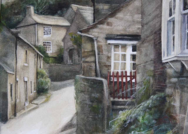 Watercolour painting of streets and cottages in West Burton, Yorkshire Dales by Vyvyan Green