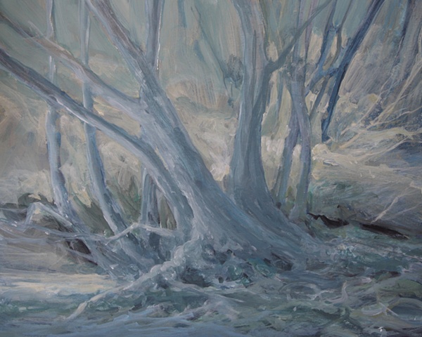 Acrylic painting of trees by the River Ure, Aysgarth, Yorkshire Dales,  by Vyvyan Green