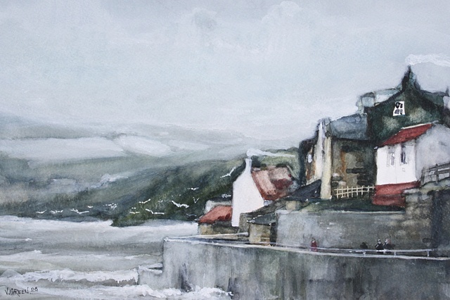 Art Card of a Watercolour by Vyvyan Green of cottages and the sea at Robin Hoods Bay, and Ravenscar, North Yorkshire.