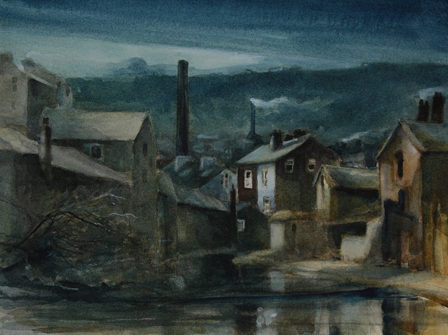 Watercolour painting of an industrial Yorkshire townscape with canal, mills, factories chimney stacks and moonlight at Todmorden, West Yorkshire, by Vyvyan Green