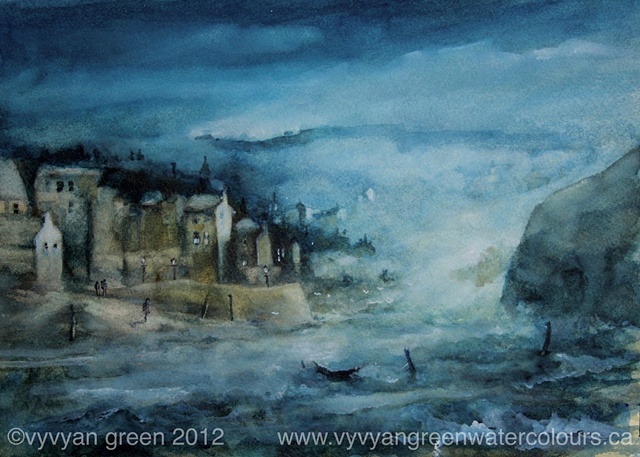 Watercolour of Harbour by moonlight.