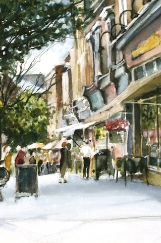 Art Card from a Watercolour by Vyvyan Green of a street scene of Ontario Street in Stratford, Ontario.