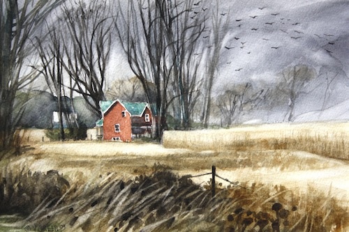 Art Card from a Watercolour by Vyvyan Green of a farmhouse by a cornfield.