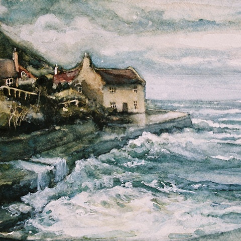Watercolour painting of cottage, sea, waves and sky at Runswick Bay, North Yorkshire, by Vyvyan Green