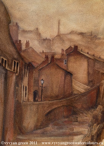 Watercolour painting of victorian industrial townscape with cottages and mills - Keighley, West Yorkshire, by artist Vyvyan Green