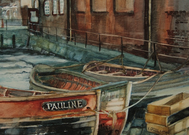 Watercolour painting Boats - cobles.  Scarborough Harbour, North Yorkshire,  by Vyvyan Green