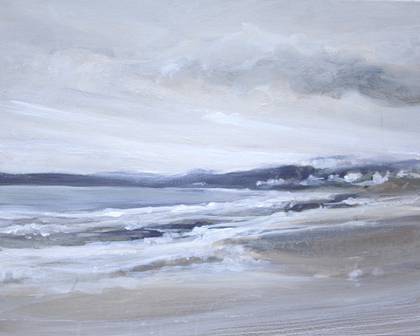 Acrylic painting of sand, sea, waves and sky at Filey Beach, Yorkshire, by Vyvyan Green