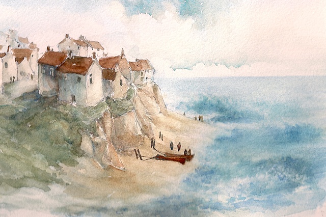 Beach scene, with cottages, boats and seashore.... fictional location
