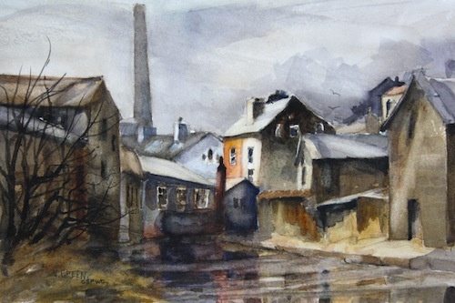 Watercolour painting of an industrial Yorkshire townscape with canal, mills, factories chimney stacks at Todmorden, West Yorkshire, by Vyvyan Green