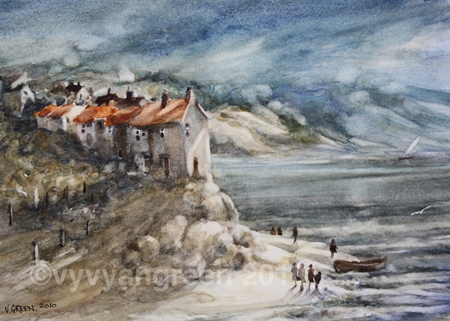 Watercolour painting of Beach scene, with cottages, sea, sand, waves, rocks, cliffs, painted by Vyvyan Green....