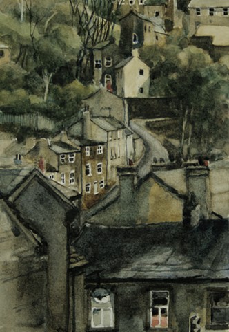 Watercolour painting by Vyvyan Green of South Lane, Holmfirth, West Yorkshire: