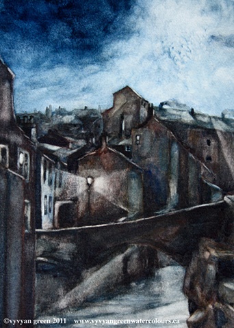 Watercolour painting of victorian industrial townscape with cottages and mills - Keighley, West Yorkshire, by moonlight, by artist Vyvyan Green