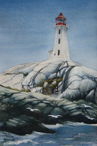 Art Card from a Watercolour by Vyvyan Green of the Lighthouse at Peggys Cove, Nova Scotia