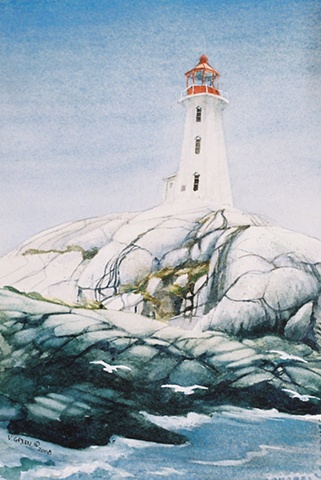 Lighthouse at Peggys Cove, Nova Scotia, Watercolour