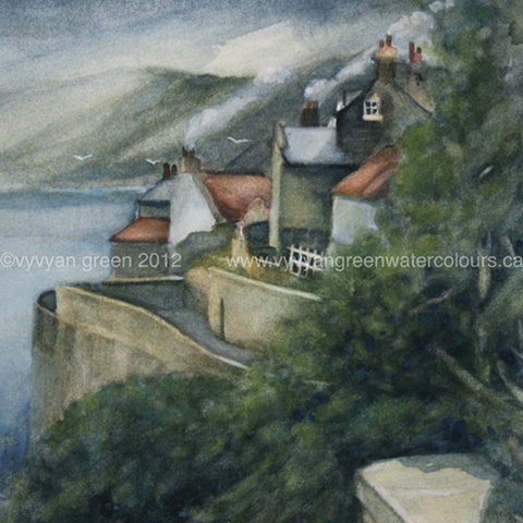 Watercolour painting by Vyvyan Green of cottages and Sea Wall, Robin Hood's Bay, North Yorkshire.