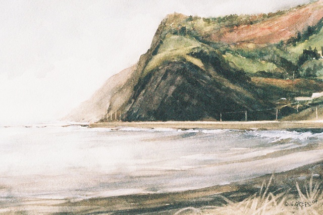 Gros-Morne, Qubec, coastline, sea, Watercolour