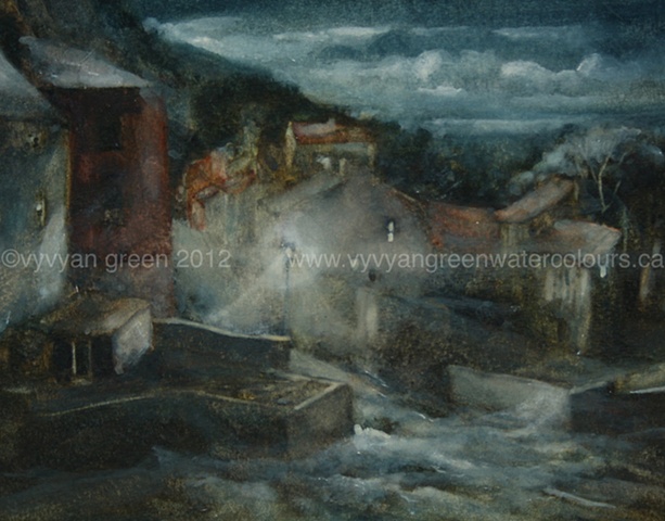 Watercolour painting of cottages, waves, moonlight in Staithes Harbour, North Yorkshire  by Vyvyan Green