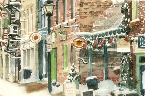 Art Card of a Watercolour by Vyvyan Green, street scene of York Street, Stratford, Ontario