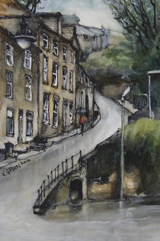 Art Card of a Watercolour by Vyvyan Green a street scene of cottages on South Lane, Holmfirth, West Yorkshire.