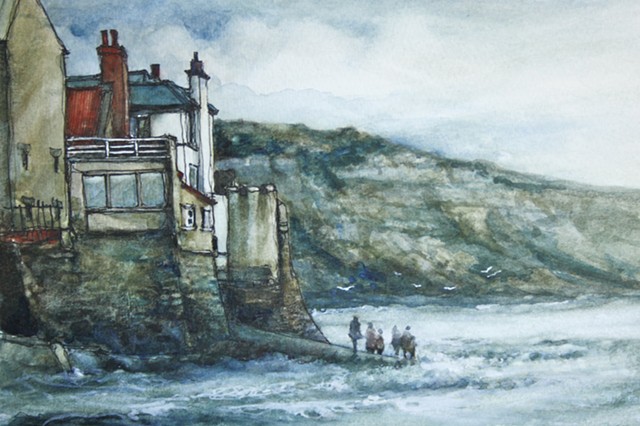 Watercolour painting of cottages and sea at Robin Hood's Bay, North Yorkshire  by Vyvyan Green