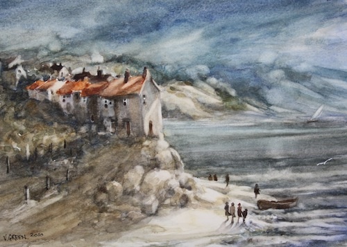 Art Card of a Watercolour by Vyvyan Green of cottages beside the sea. 