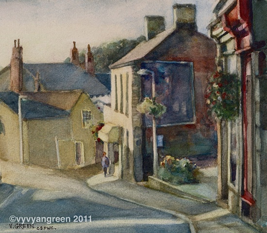 Watercolour Painting of street scene of Queen Street, Horbury, West Yorkshire, with houses and shops,by Vyvyan Green 