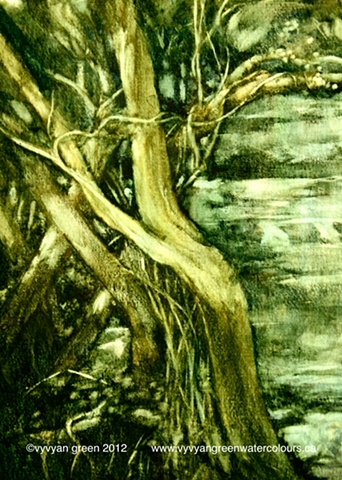 Watercolour painting of trees in Coxley Woods, Horbury, Yorkshire.