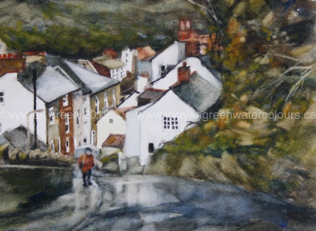watercolour painting by Vyvyan Green of cottages and steep hill in Staithes, North Yorkshire.