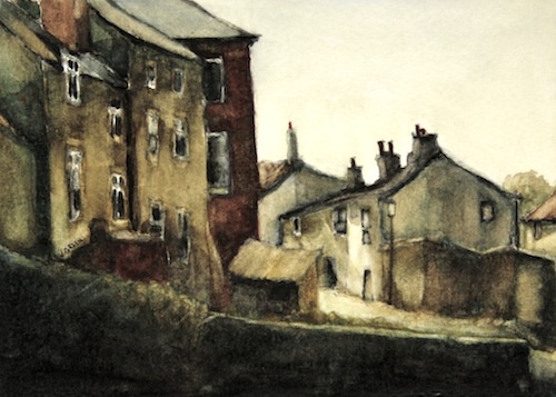 Art Card of a Watercolour by Vyvyan Green of cottages beside Staithes Beck, evening.