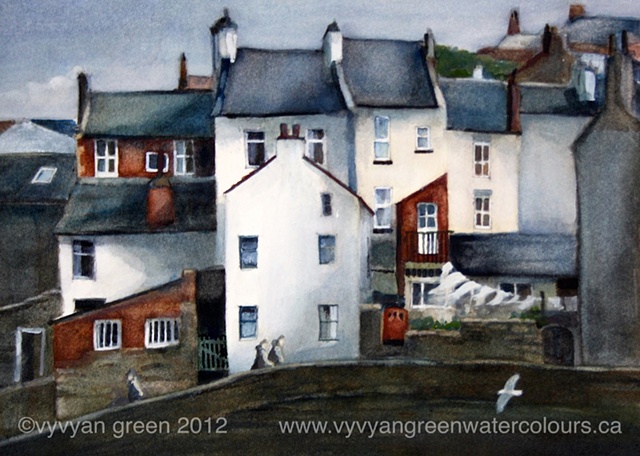 watercolour painting of cottages in Staithes, North Yorkshire.