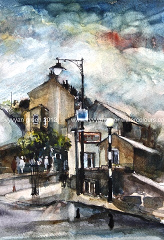 Watercolour painting of a street view of Holmfirth, West Yorkshire