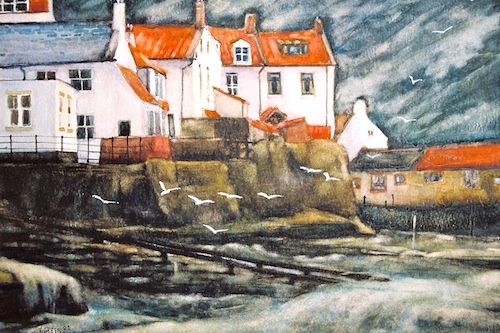 Art Card of a Watercolour by Vyvyan Green of cottages beside Staithes Harbour, North Yorkshire.