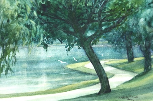 Art Card from a Watercolour by Vyvyan Green of trees beside the Lake in Stratford, Ontario.