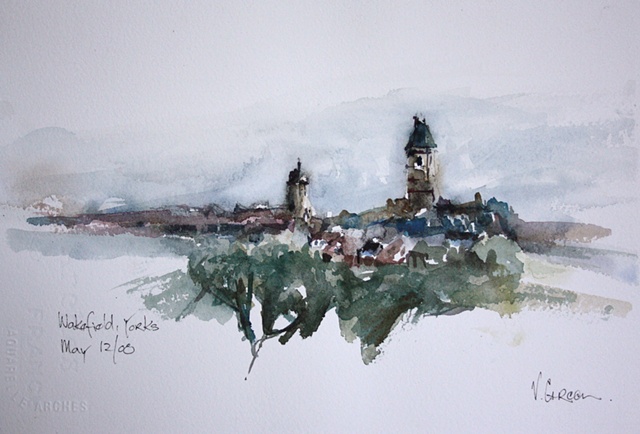 Watercolour painting of Wakefield Skyline from Thornes Park -  by Vyvyan Green