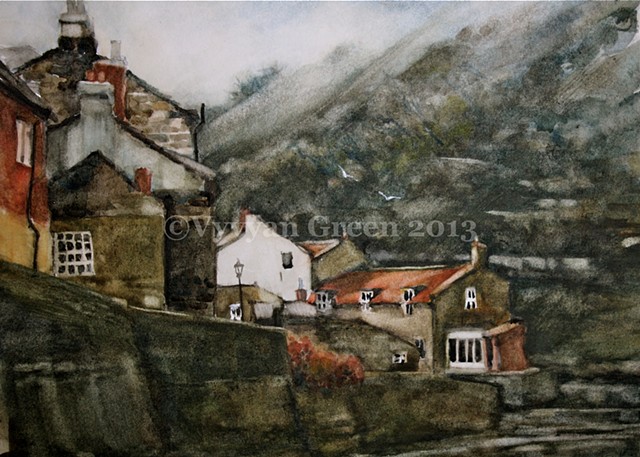 Watercolour painting of Staithes Beck - cottages, water -  North Yorkshire, by Vyvyan Green