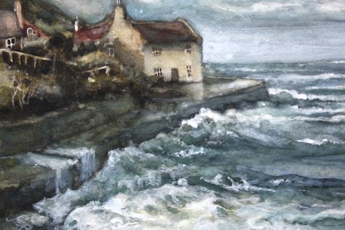 Art Card of a Watercolour by Vyvyan Green of a cottage beside the sea.