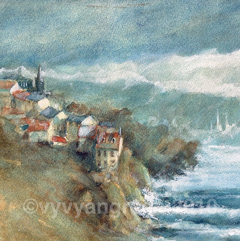 Coastal Village, sea, watercolour