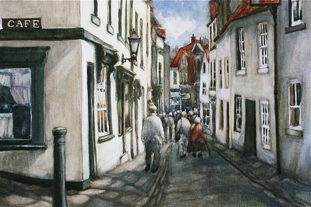 Watercolour painting of street scene with cottages, shops and people in Church Street, Whitby, North Yorkshire, by Vyvyan Green