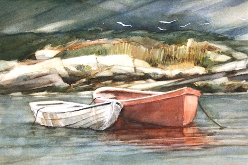 Art Card from a Watercolour by Vyvyan Green of two boats in Peggys Cove, Nova Scotia.